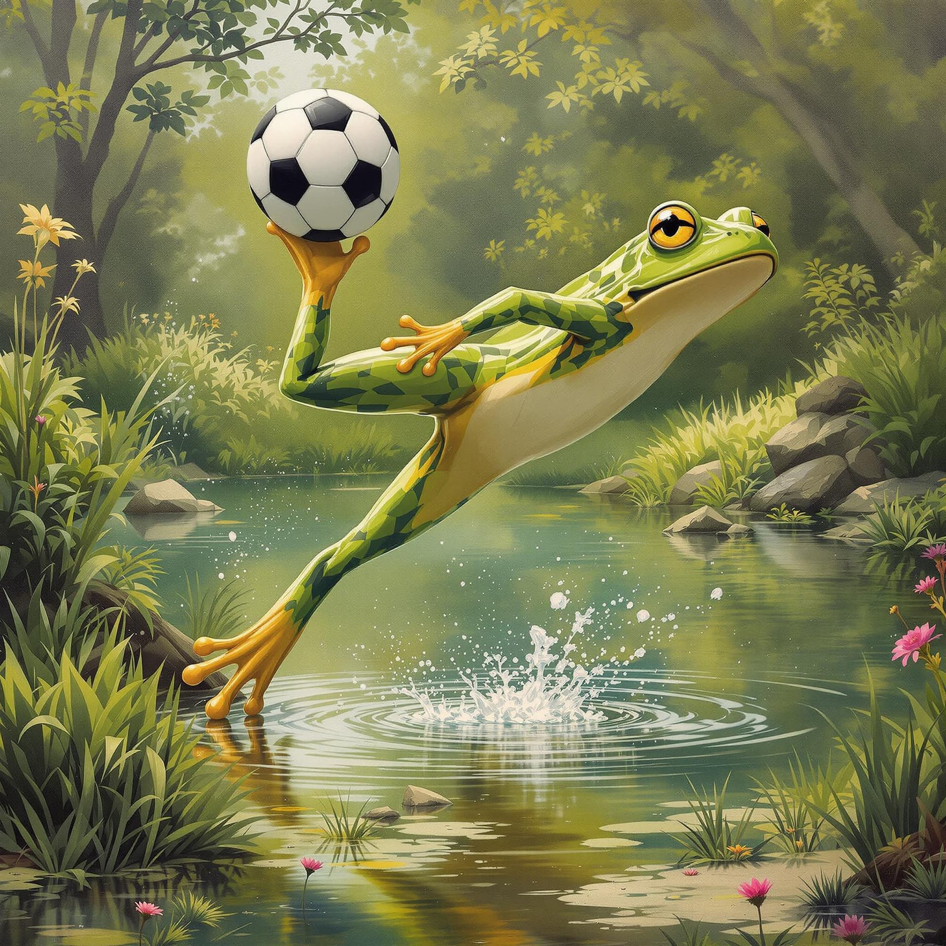 AI generated: A playfully hopping frog, in full leap with its soccer ball, makes its way toward a serene pond in t...