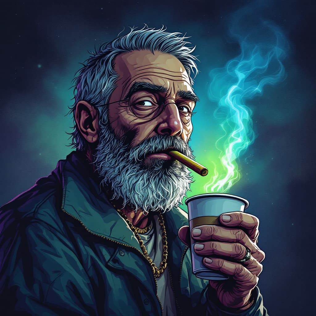 AI generated: Dave blunts holding a cup of lean