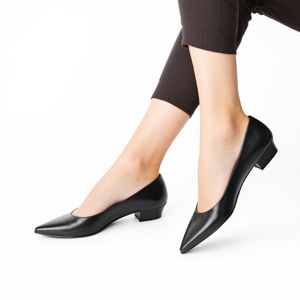 AI generated: feet in black leather flat shoes 