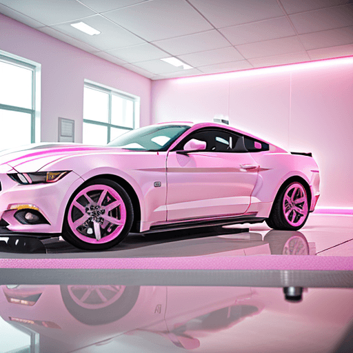 AI generated: All white tile room, pink MUSTANG ECOBOOST 2016  perfect pink, bright lighting, pastel colors, insan...