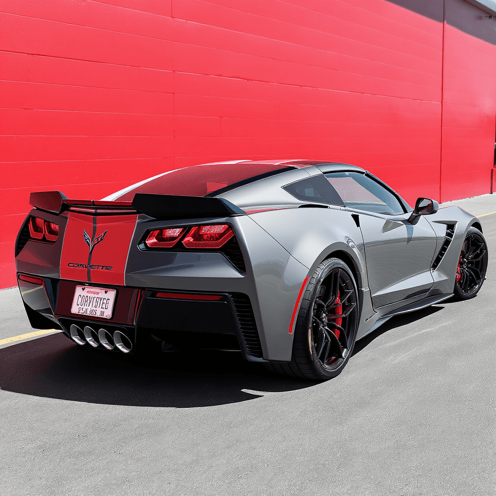 AI generated: Corvette c6 z06 with 3 colours gray and black and red 
a gray colour is the majority and make long ...