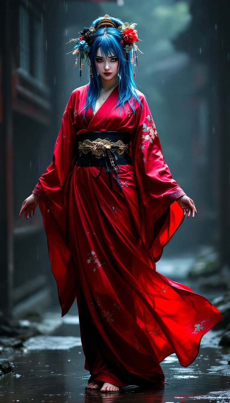 AI generated: Full body view of a beautiful bluehair woman in red and black kimono, barefoot, and geisha makeup wi...