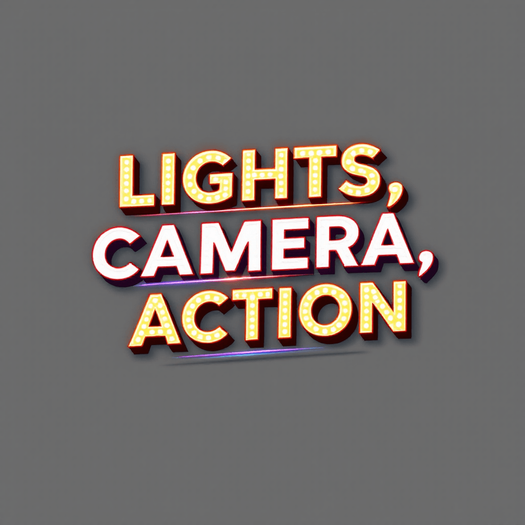 AI generated: Design a bold and cinematic text-based design with the words 'Lights, Camera, Action'. Use a dramati...