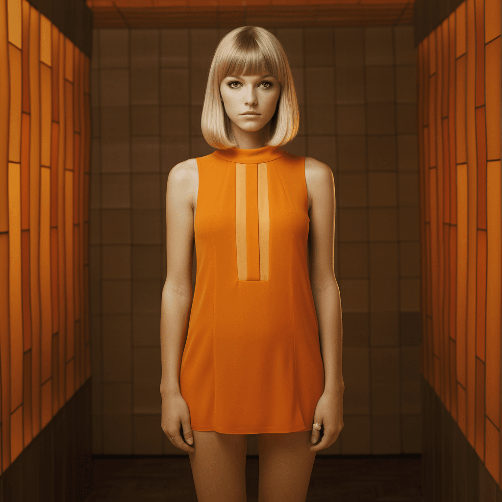 AI generated: an orange dress with short pants and earrings, in the style of alfredo jaar, avocadopunk, george und...