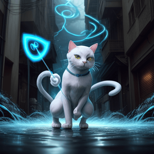 AI generated: an anthropomorphic cat wearing white linen is depicted in an action pose, swirling water with an arr...