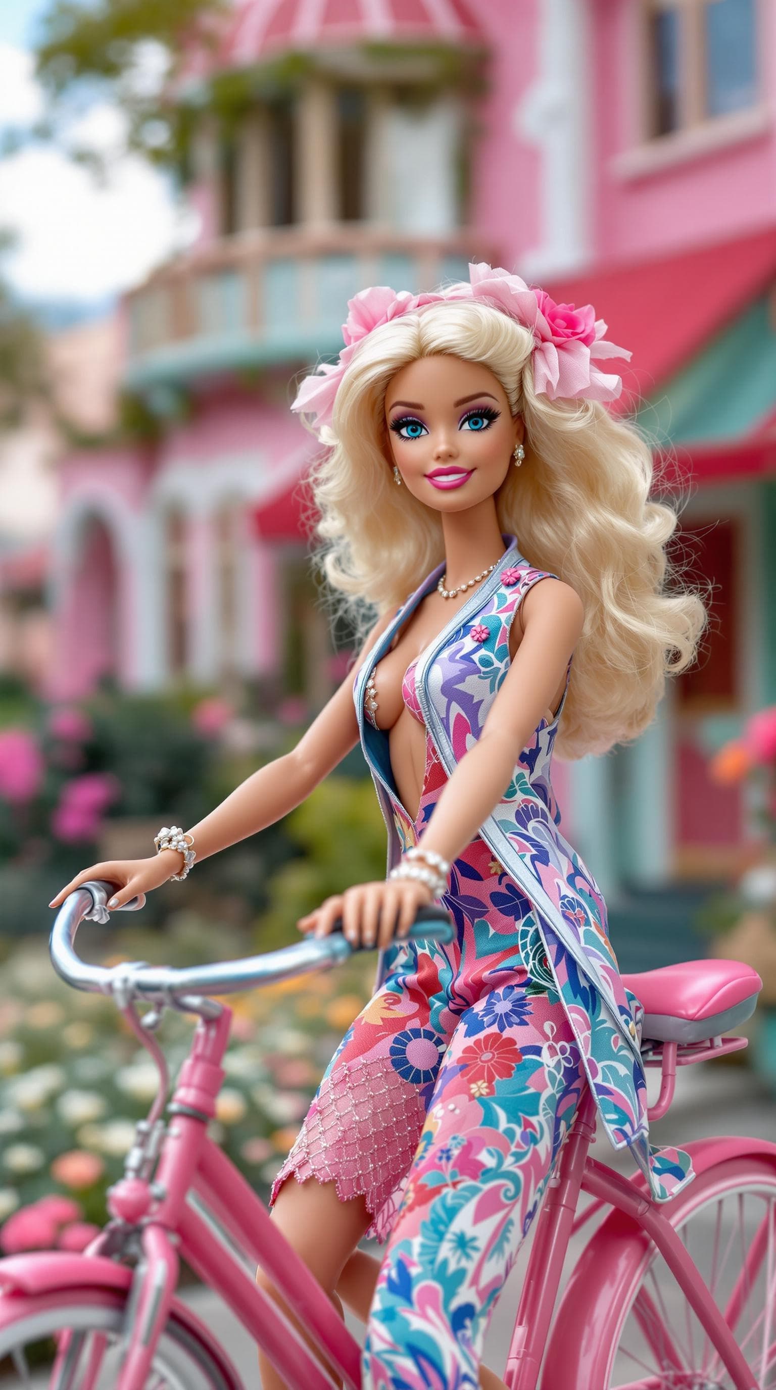 AI generated: photo, 18 year old barbie doll wearing art deco clothing sitting on a bicycle in front of her art de...