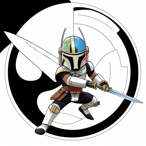 AI generated: Abstract joyful drawing of mandalorian with a transparent sword, white line on black background, col...