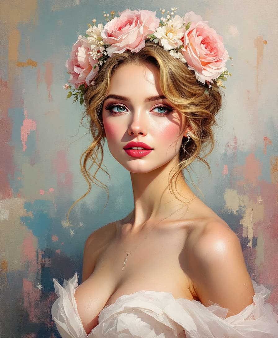 AI generated: Pintura artística a oleo de :Uma bela noiva em uma pintura a óleo exuberante, estilo impasto com pin...