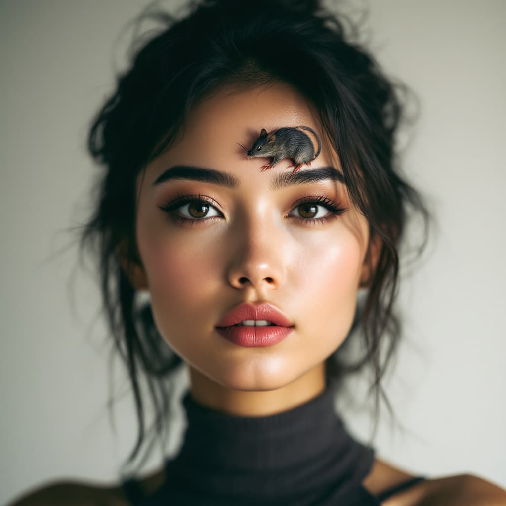 AI generated: A photo model with a mouse on her forehead.