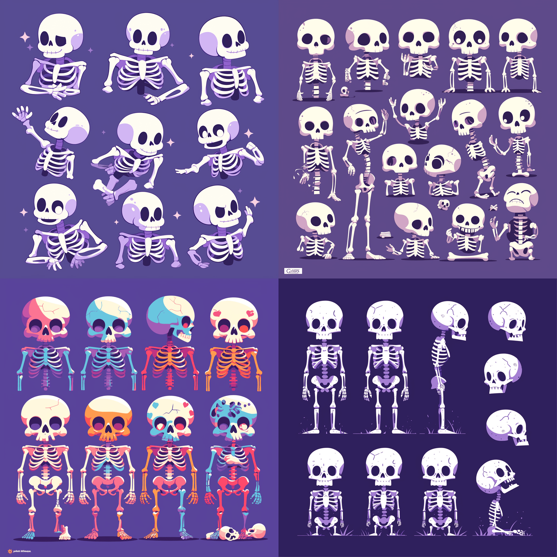 AI generated: Cute design elements, human full body skeletons, on a purple background, vector illustration, flat c...