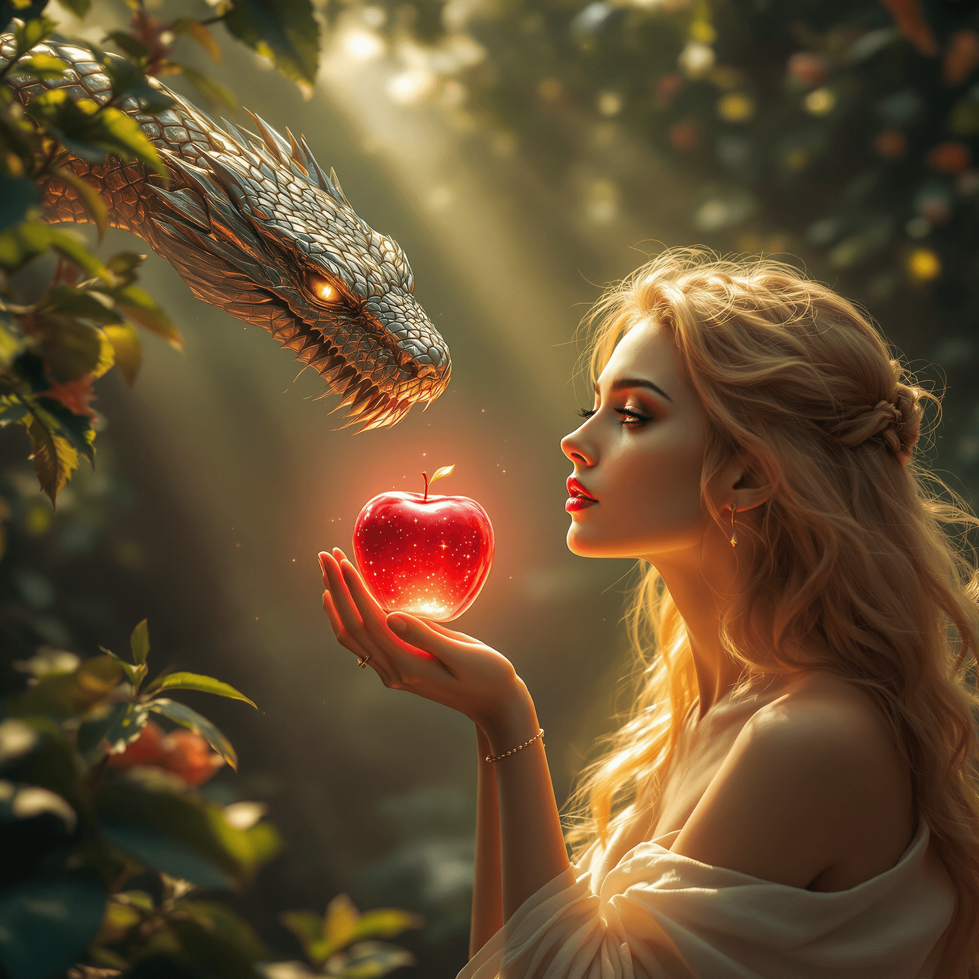 AI generated: A **breathtaking, cinematic masterpiece** depicting **Eve in the Garden of Eden**, bathed in an **et...