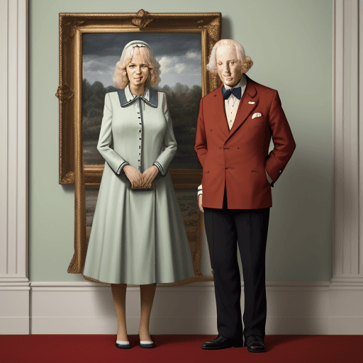 AI generated: Painting of Charles and Camilla standing, colors, paintbrush, 