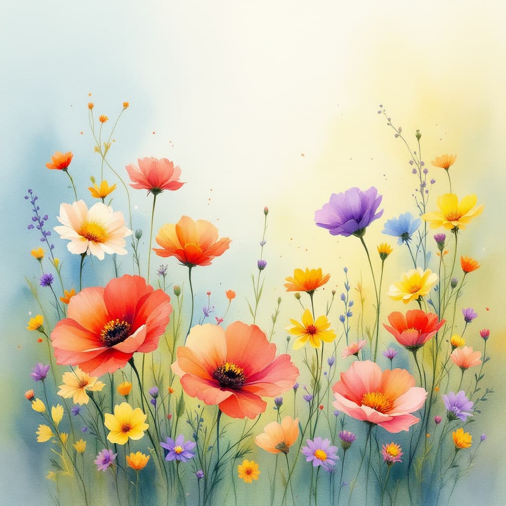 AI generated: A delicate and colorful watercolor painting of wildflowers in full bloom, showcasing a vibrant varie...