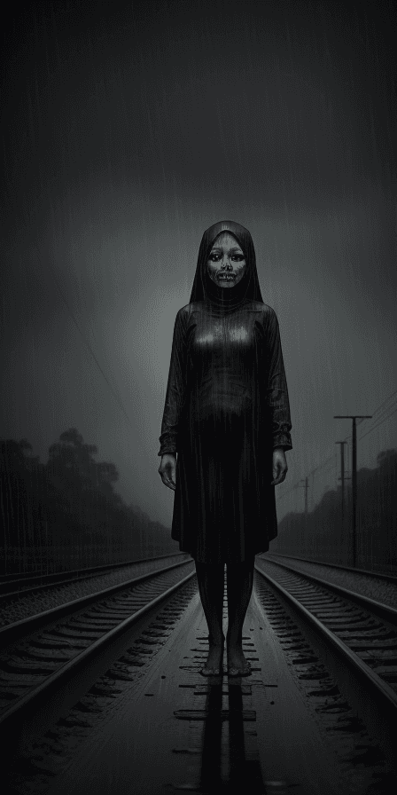 AI generated: a creepy scary indonesian scary lady standing on railway track, rain and wet, night, dark, horror vi...