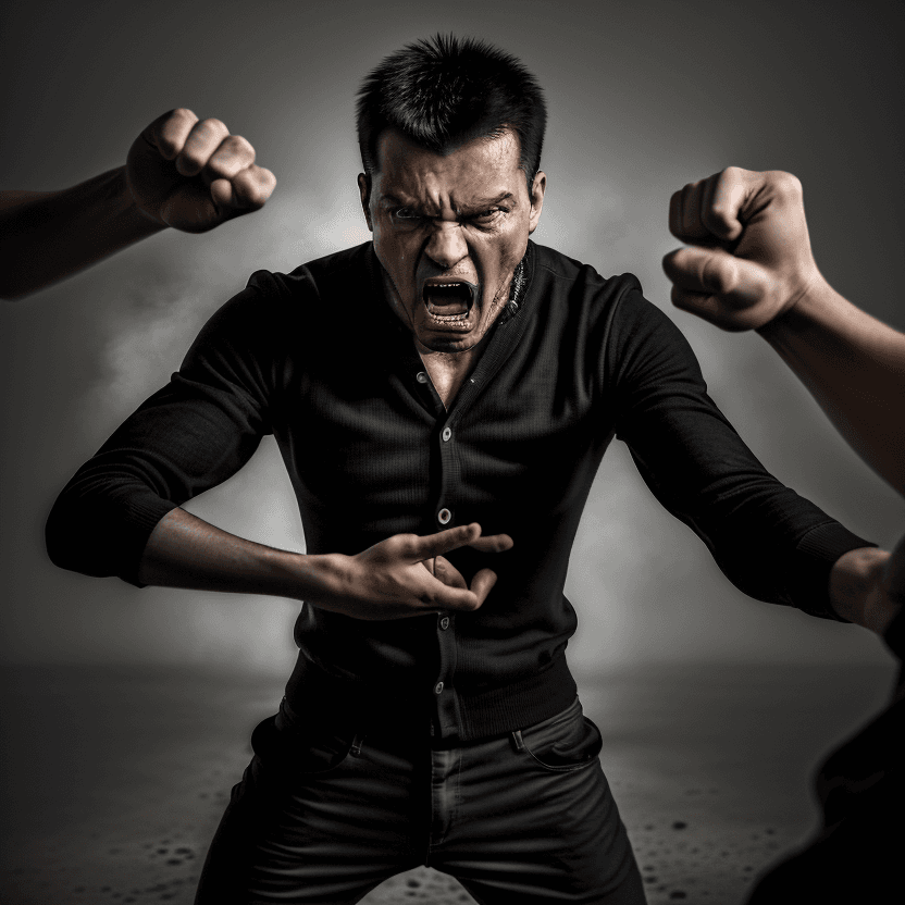 AI generated: The image shows a man confronting others with anger and aggression, with defiant looks and gestures.