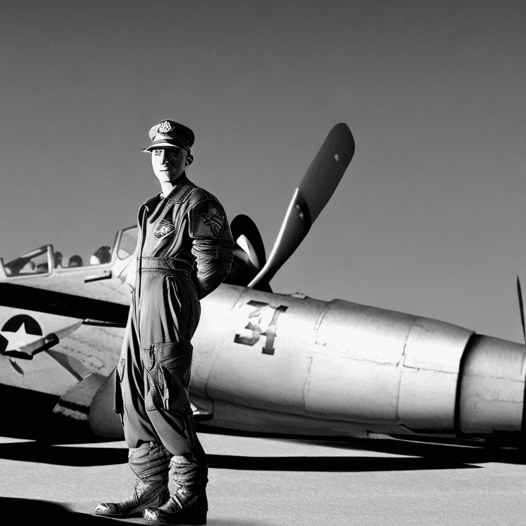 AI generated: Epic black and white photographic portrait of 1940 s pilot(USAF)standing next to a fighter jet, accu...