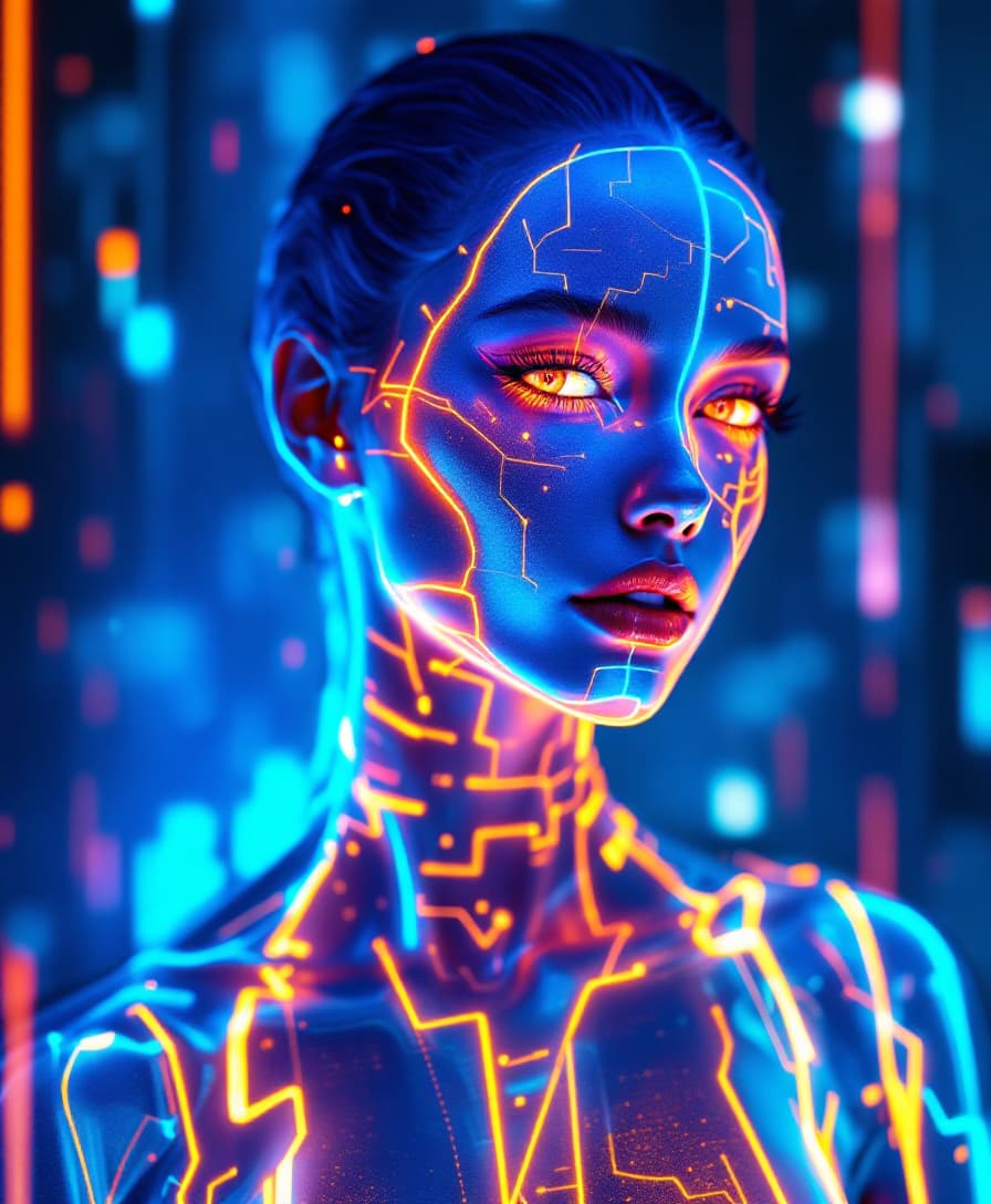 AI generated: the glowing neon body of a female character, in the style of precisionist art, cybermysticsteampunk,...