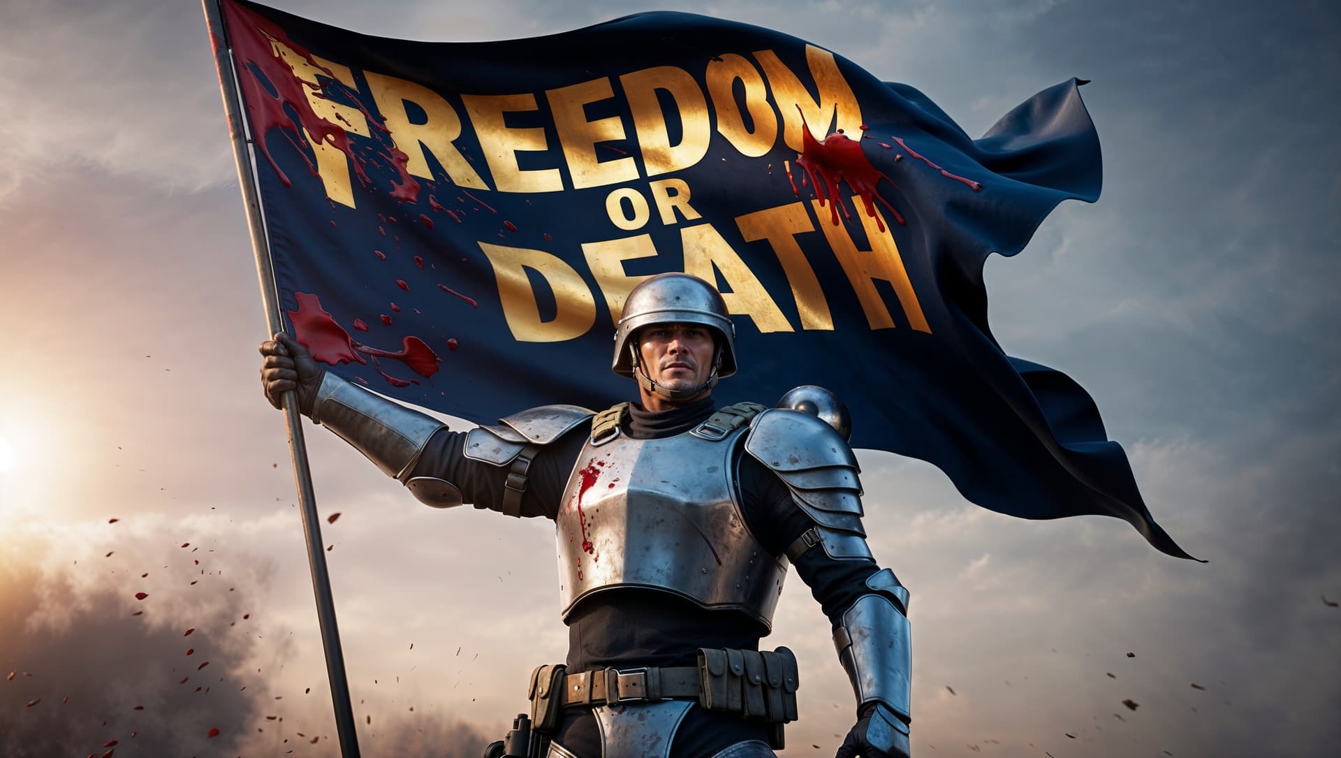 AI generated: In the photograph, a determined soldier stands confidently, clad in sleek and worn modern armor that...