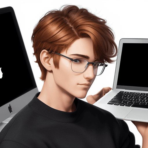 AI generated: memoji of a male with a laptop in front, apple-style but with an html tag logo <>,  modern, chestnut...