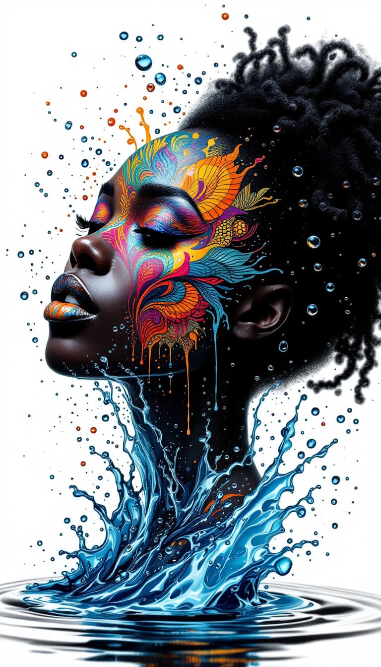 AI generated: colourful-water-drop-splash-black woman-tribal-african-baroque-leonardo-da-vinci-motif-africa-421304...