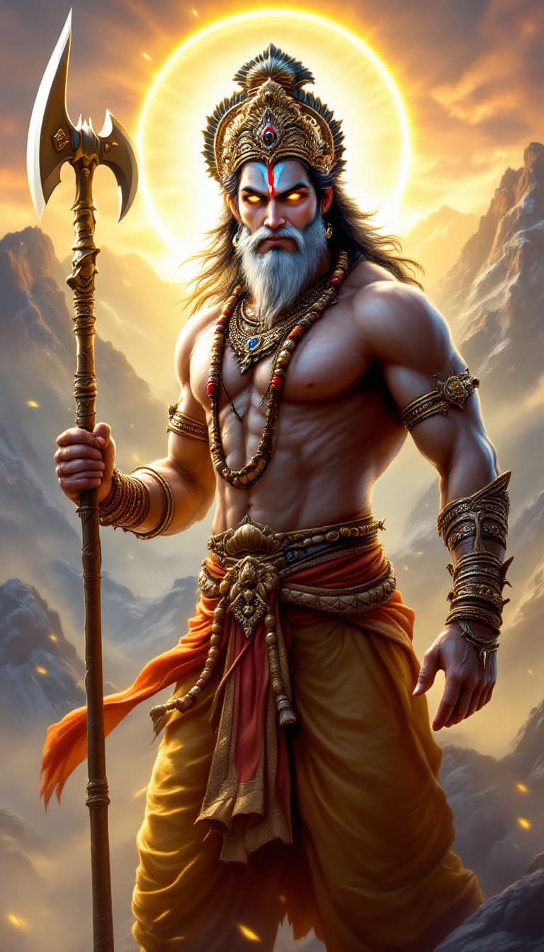 AI generated: A majestic Lord Hanuman in warrior pose, holding a gada (mace), eyes glowing with divine energy, mou...