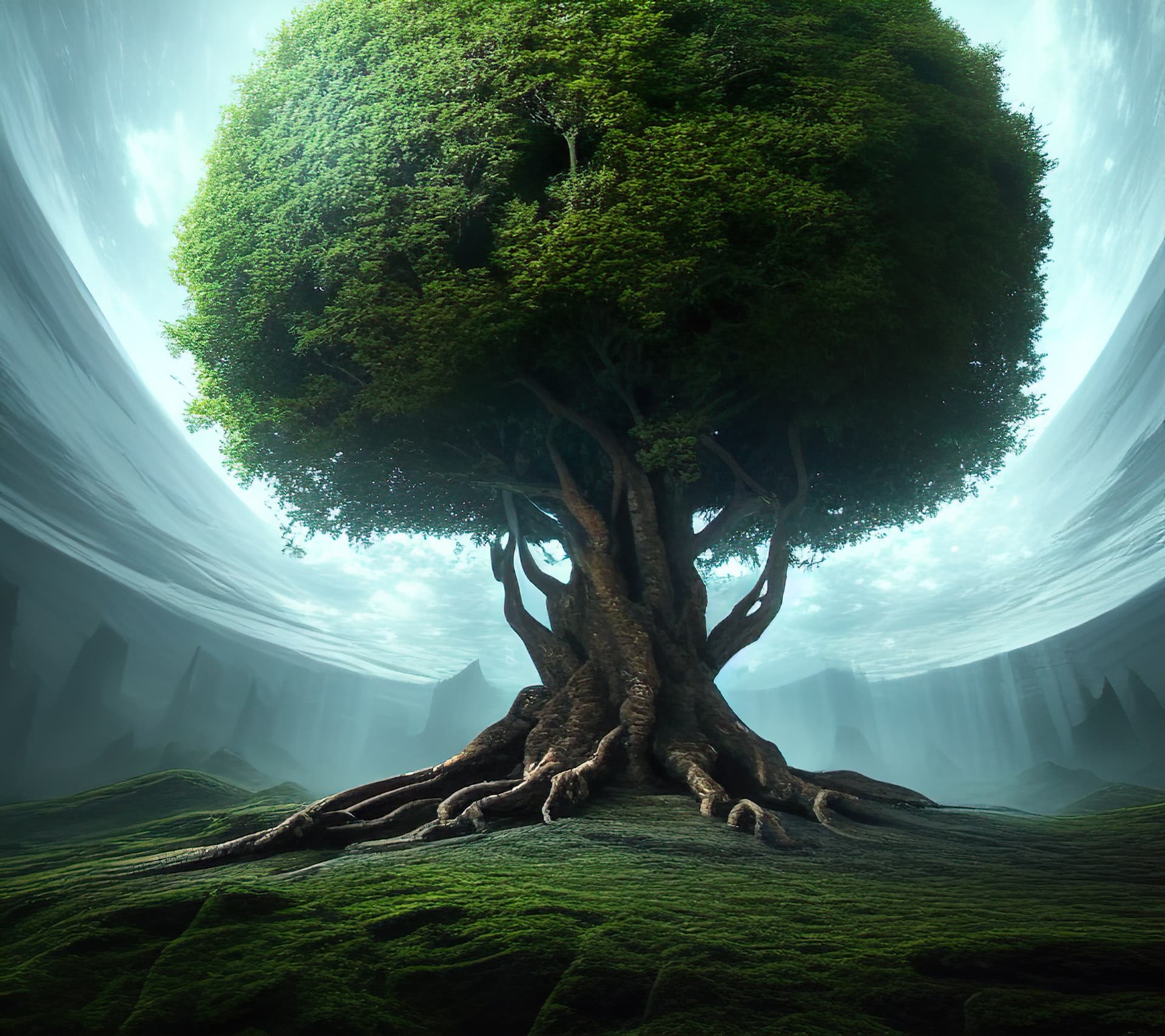 AI generated: a large tree with a very large trunk in the middle of a field, a detailed matte painting by Filip Ho...