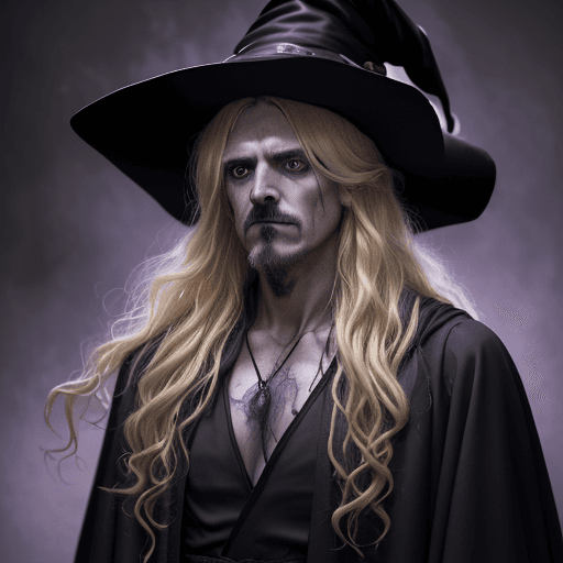 AI generated: A surprised man with long, messy blonde hair dressed as a witch with a hat, wearing a black robe wit...