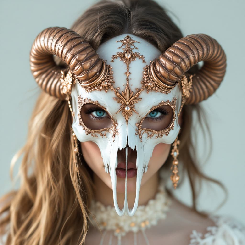 AI generated: photo portrait of a woman wearing a delicate horned skull mask, in the style of rose gold and white,...
