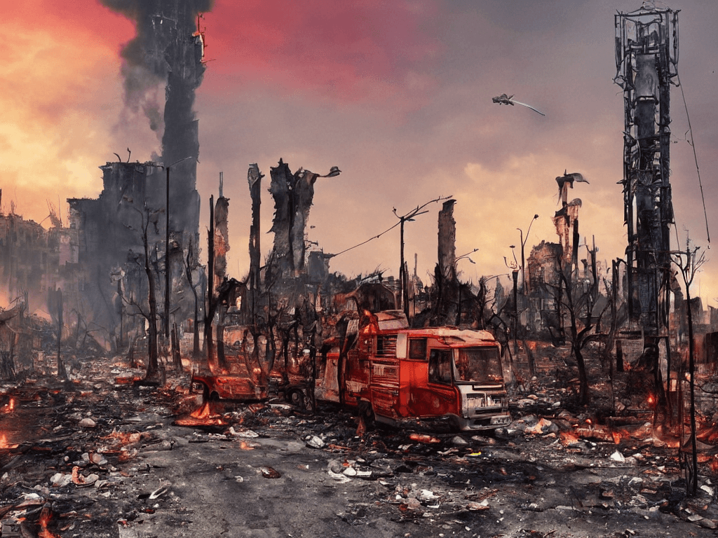 AI generated: city street view with one tall antenna tower in the center with smoke and small fire ,garbage with f...