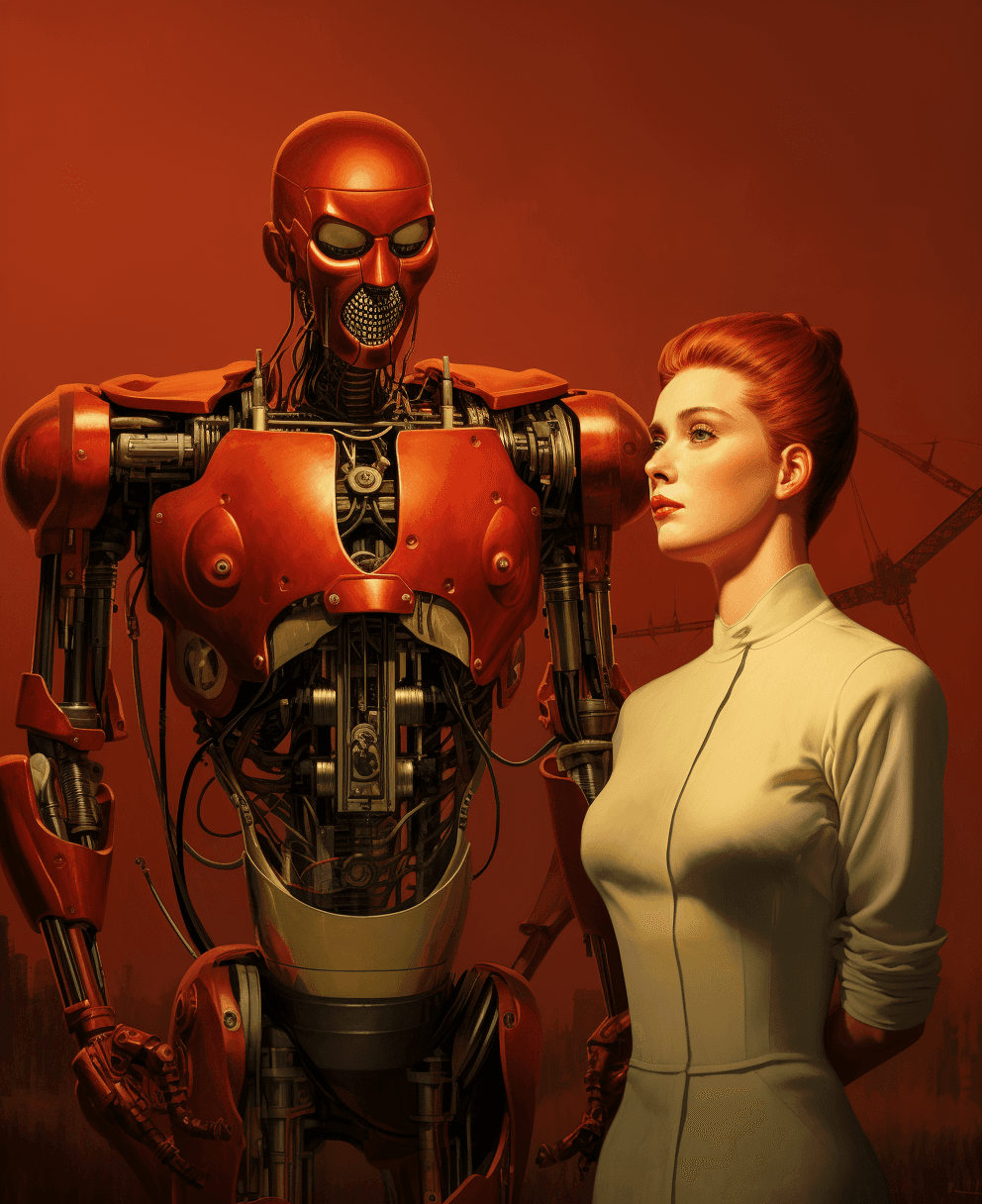 AI generated: book review for the rebirth of human ep 5 robots and machines, in the style of mid-century illustrat...