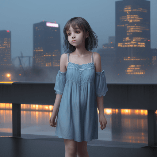 AI generated: a girl ,wearing nightgown with misty blue color, downtown background