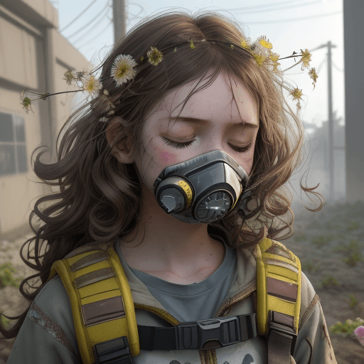 AI generated: 1 girl, post-apocalypse, dust in the background, ash in the air, transparent respirator on face, yel...