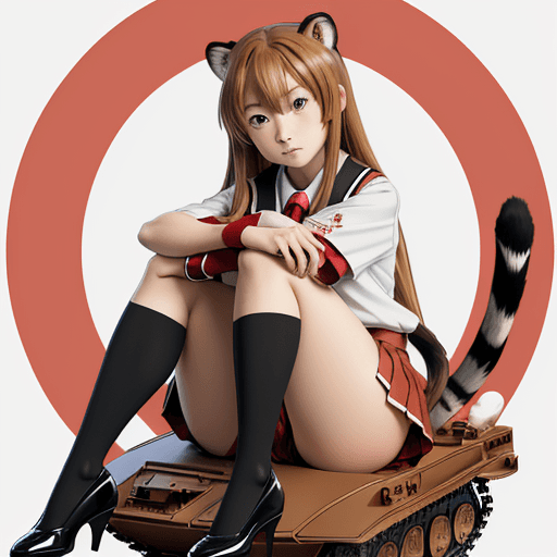 AI generated: masterpiece, taiga aisaka, smug, cute face, anime, anime face, sit on tank, hold, hug, red school un...