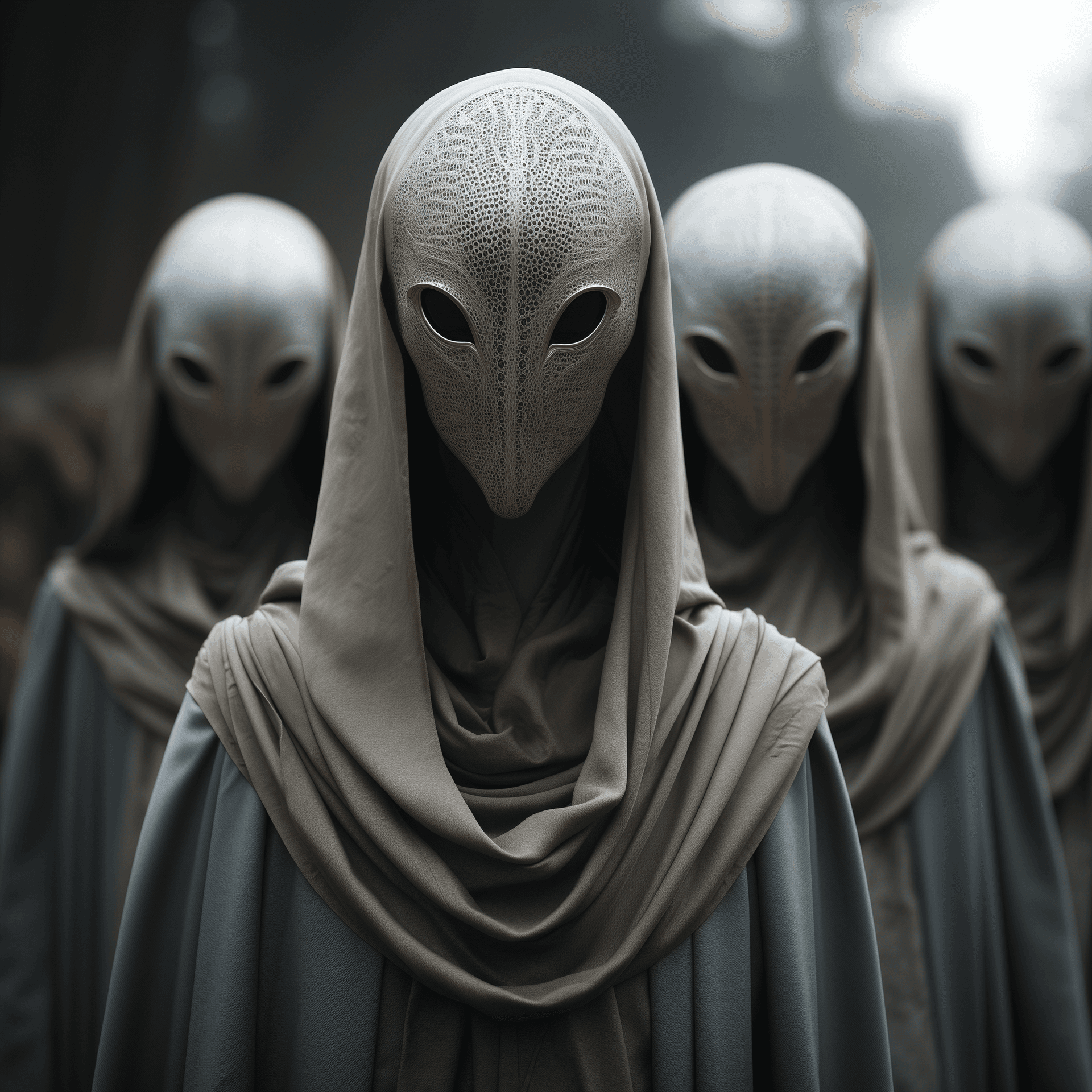 AI generated: Other Worldly Beings in other worldly and unsettling uniforms, brooding facial features, unsettling ...