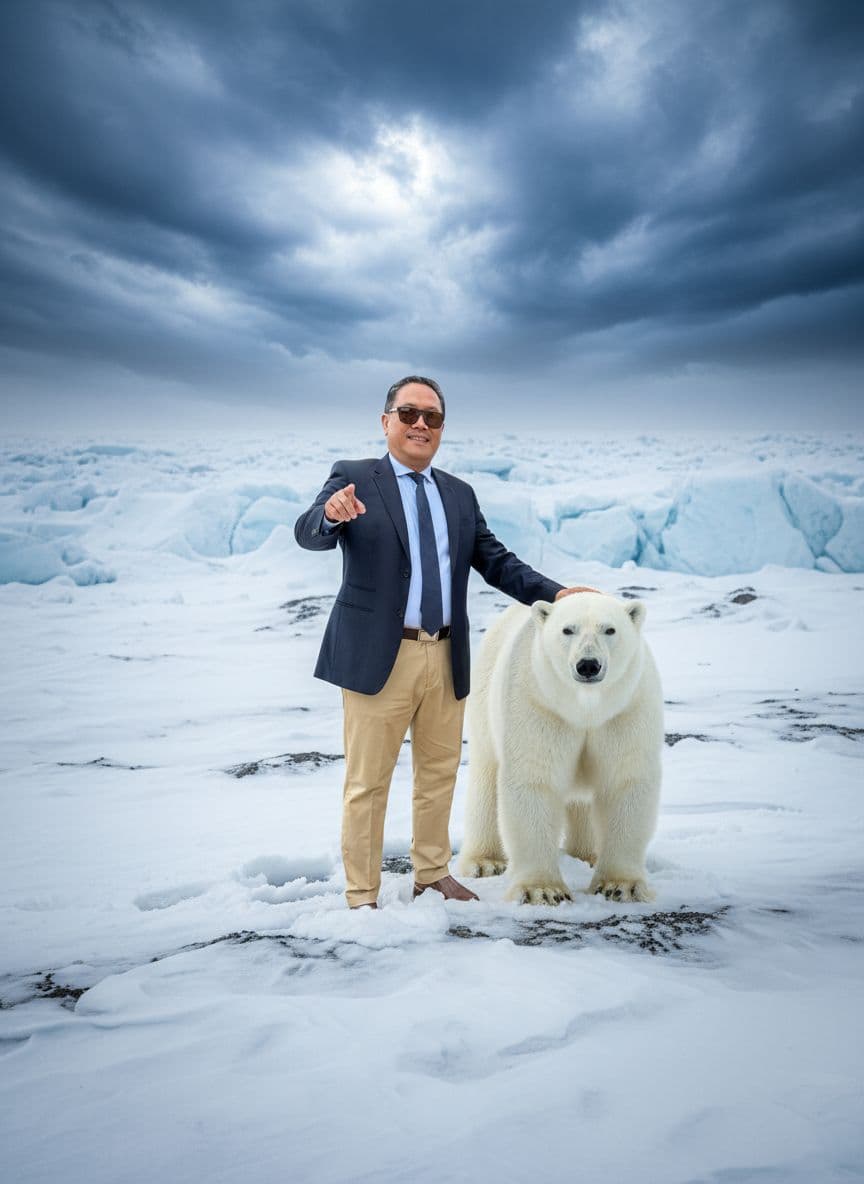 AI generated: A vast, snowy landscape with a polar bear walking alongside a man (image provided) The man pointing ...