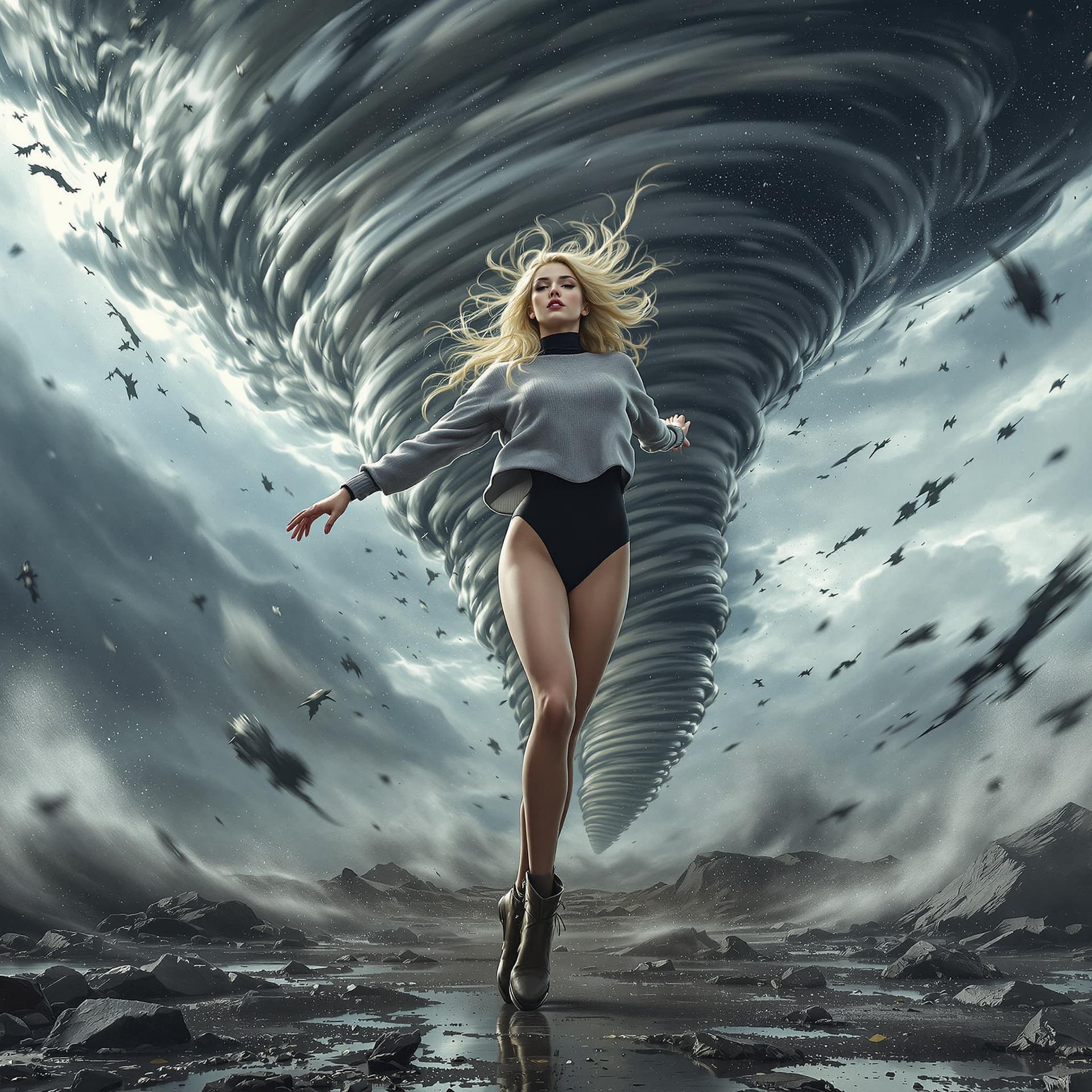 AI generated: masterpiece, best quality, agrias, grey sweater, black leotard, twirl, spin, blonde hair, superhero,...