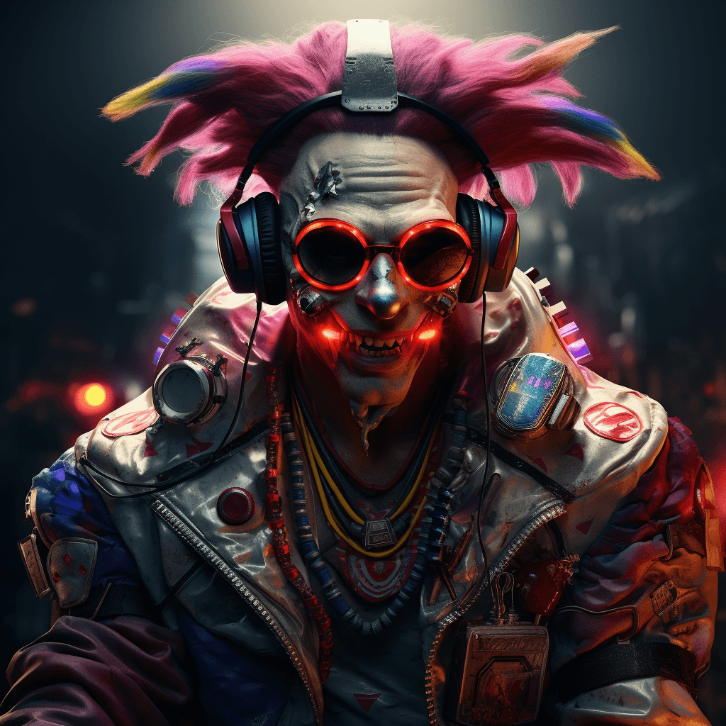 AI generated: cyberpunk clown with vr-glasses and headphone, evil eyes and expression, colorful clothes, red nose,...