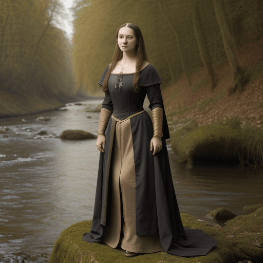 AI generated: A beautiful portait of a medieval woman, full body, long hair, standing by the river in the forest
