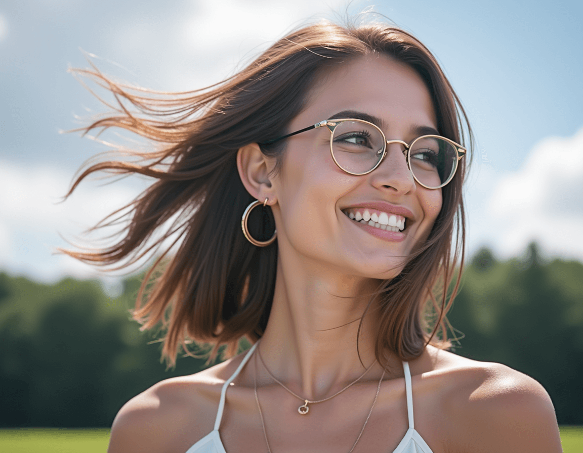AI generated: A woman sits confidently with a radiant big smile on her face. Her straight shoulder-length brunette...