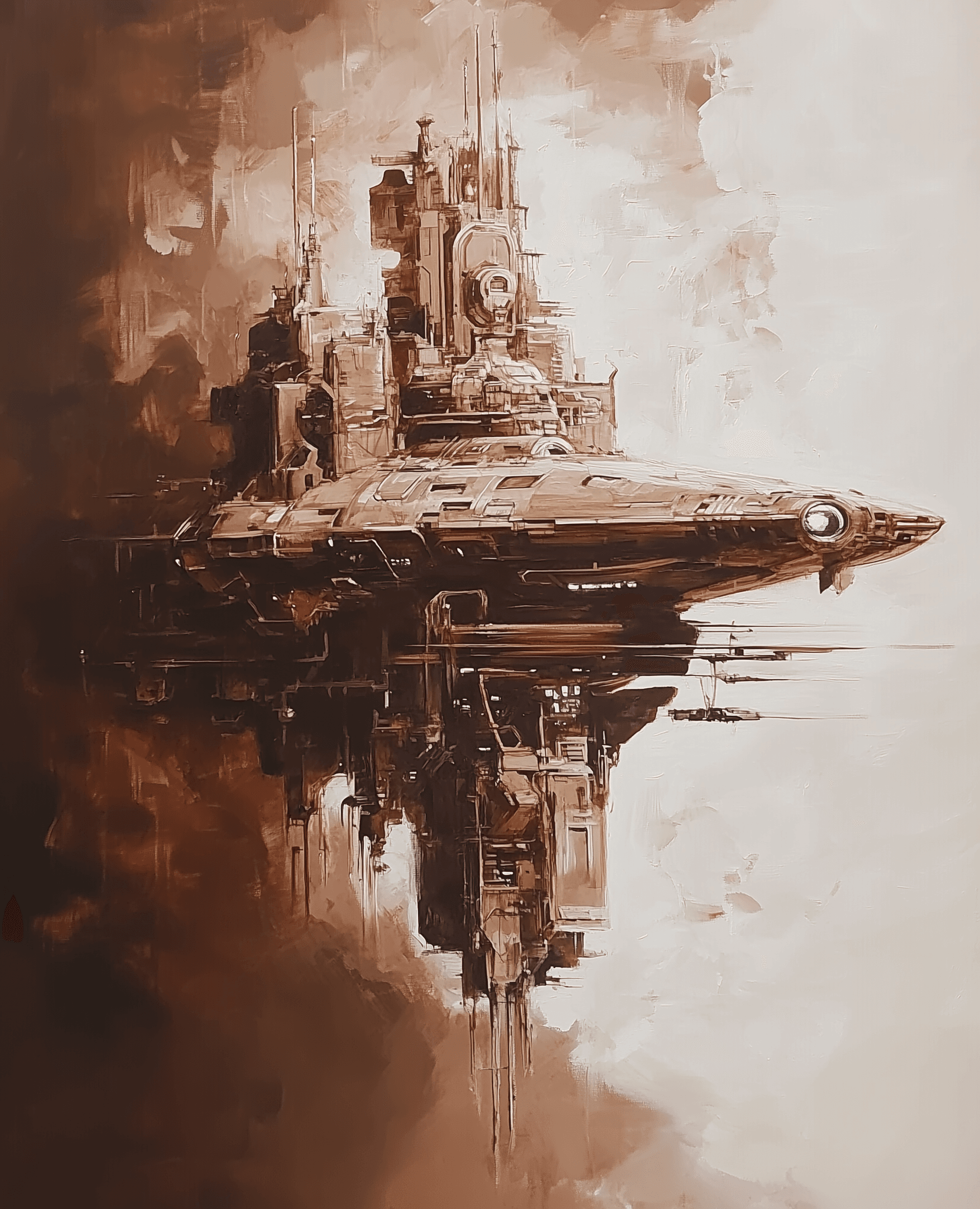 AI generated: A brown painting of the Terran Command Center from StarCraft, floating in water, in the style of Joh...