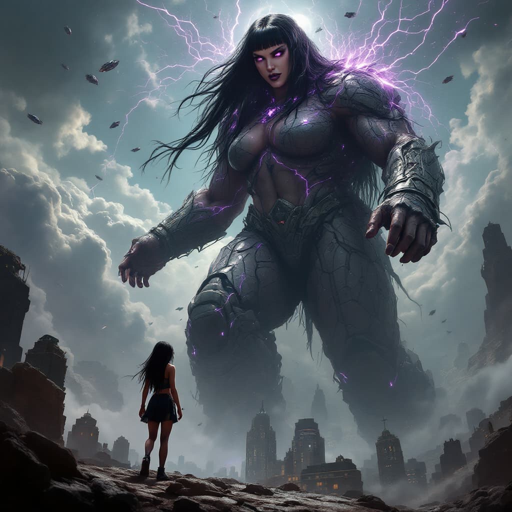AI generated: enormous giantess female Rhea Ripley from WWE with black medium length hair and straight bangs, bigg...