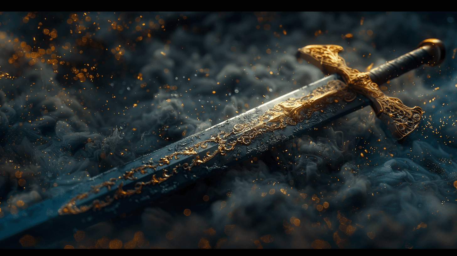 AI generated: close-up view of a knight wielding a long black sword, macro details of the sword, intricate design ...