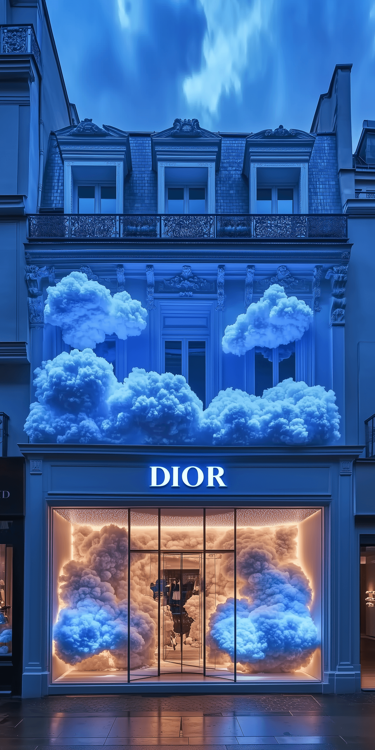 AI generated: A modern "DIOR" store in Paris, made of fluffy wool and glowing cotton under neon lights. Its facade...