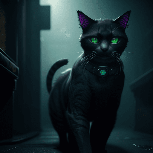 AI generated: A cyberpunk detective cat,in the distance,in full growth,full body, ATMOSPHERIC GOTHIC HORROR , Midj...
