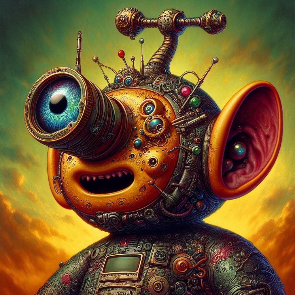AI generated: A hybrid(Cyclops)(Teletubbie) as a dieselpunk alien, painting in the style of H.R.Giger and Robert C...