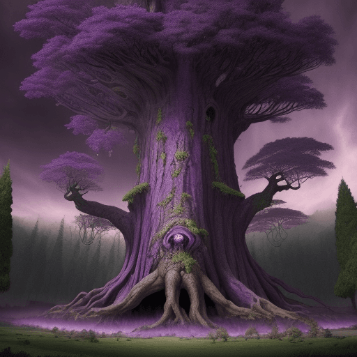 AI generated: Giant old fantasy tree, Creatures humanlike living in the tree. purple sky.