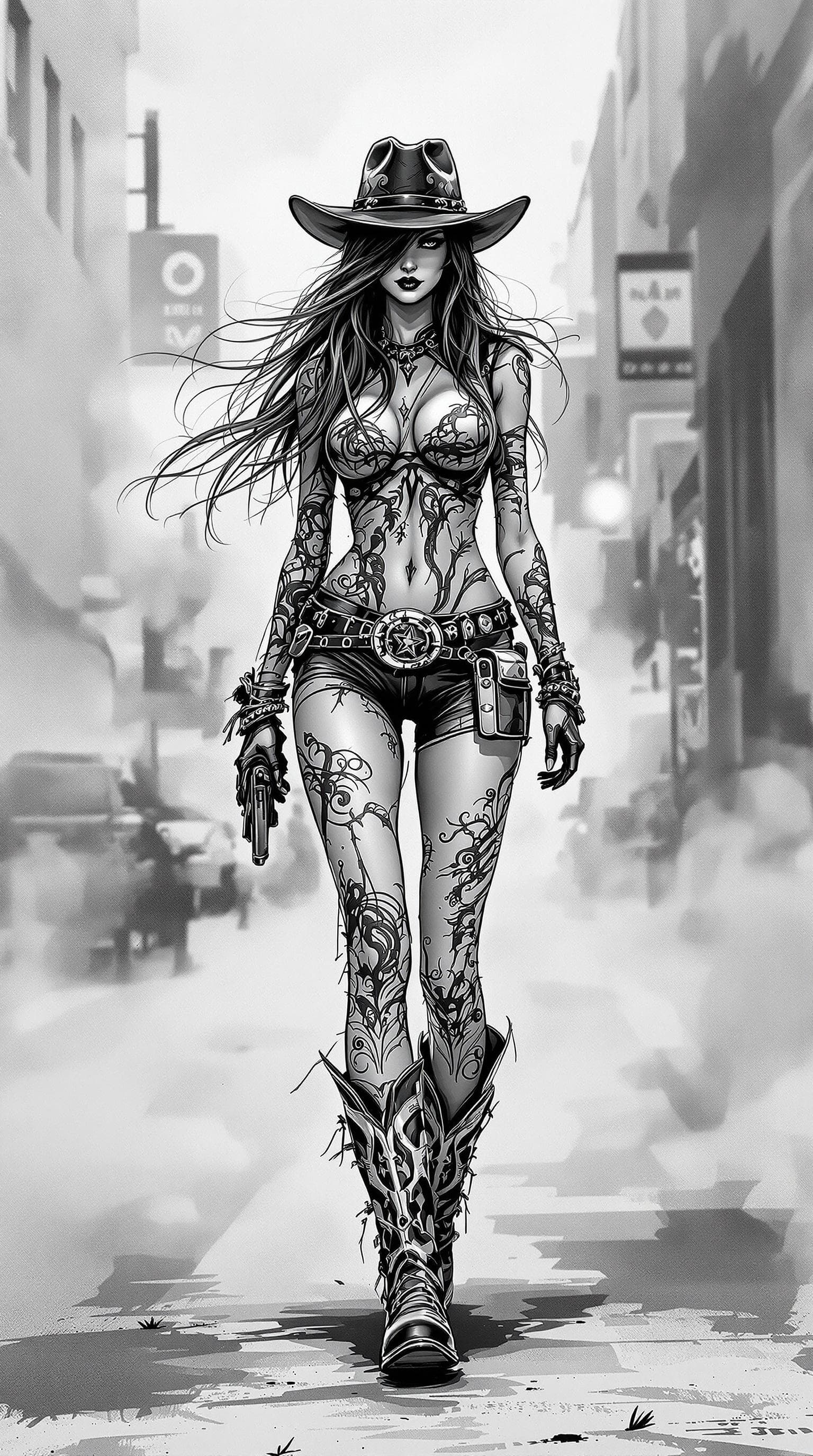 AI generated: A digital drawing of an urban cowgirl, full body, walking on the street, wearing cowboy boots and ha...