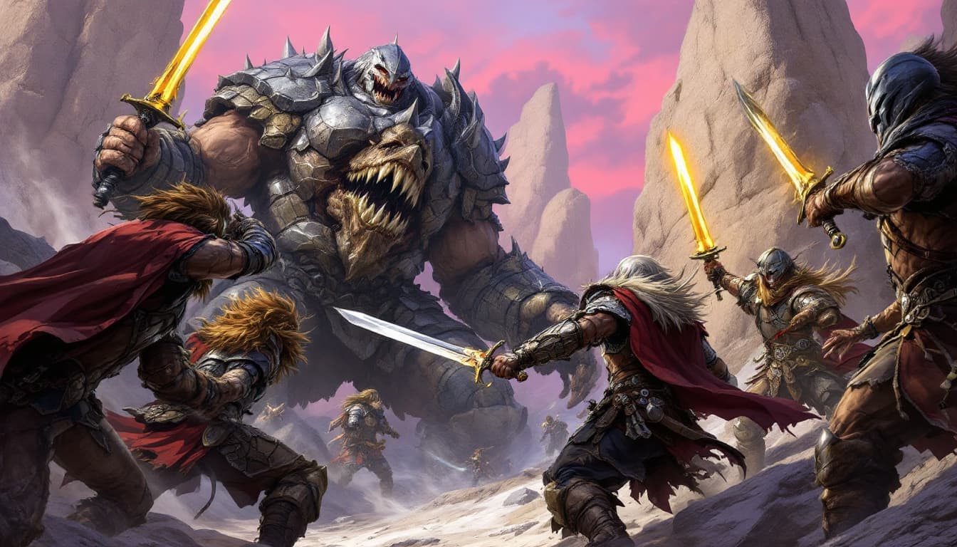 AI generated: a battle scene, showcasing a group of warriors engaged in combat against a formidable foe. The warri...