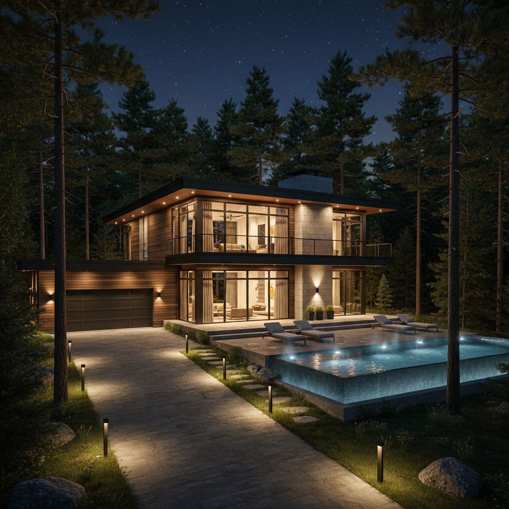 AI generated: Build a two-story cottage with large windows in a modern style. Surrounded by forest and lots of art...