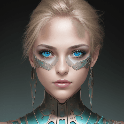 AI generated: front direct view portrait of blond woman head, brown eyes, metalic skin, disappearing into the pati...